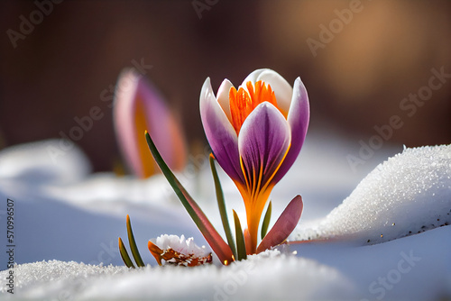 Crocus bulb blooming in snow, first spring flower. Close up macro view. Generative AI