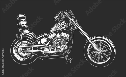 Chopper Motorcycle, Motor Vehicle Transport, Vector Line art illustration on a black Background