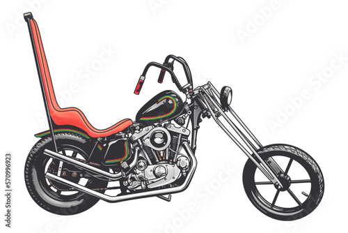 Chopper Motorcycle, Motor Vehicle Transport, Side View Vector Illustration on a White Background
