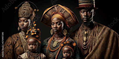 Königliche afroamerikanische Familie, Vater, Mutter, Kind im Portrait, ai generativ