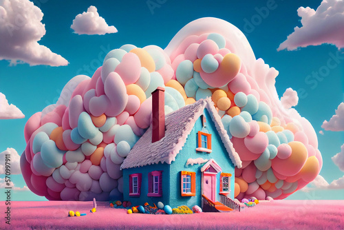 Fantasy home made of sweet candy, colorful dreamy house and landscape. Generative AI