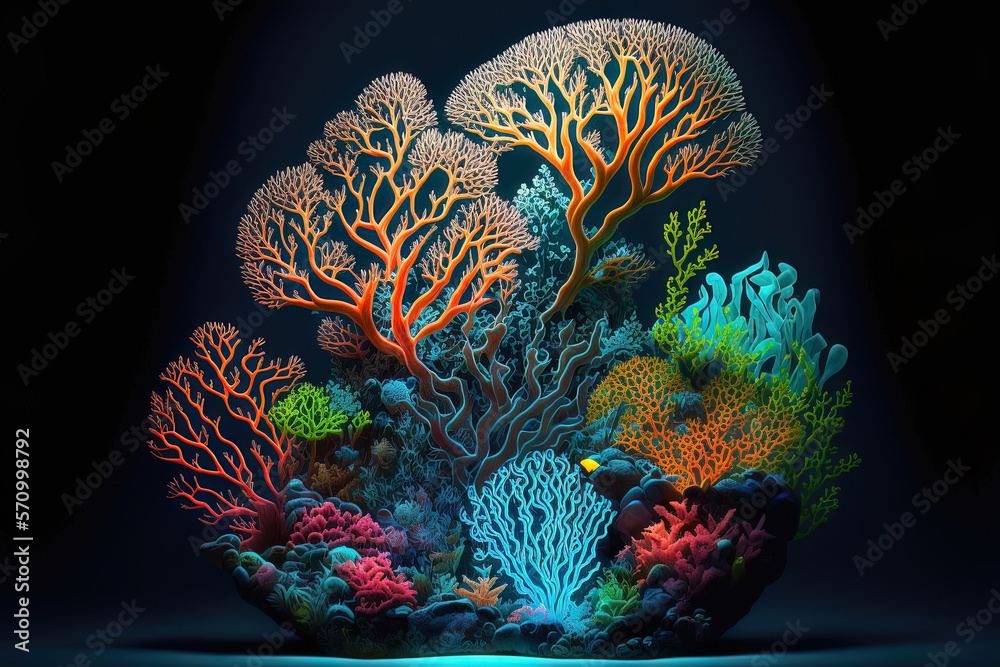 Obraz premium Underwater sea world. Colorful neon corals at the bottom of the ocean. AI