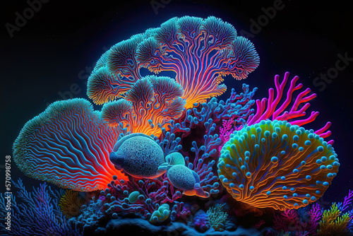 Underwater sea world. Colorful neon corals at the bottom of the ocean. AI