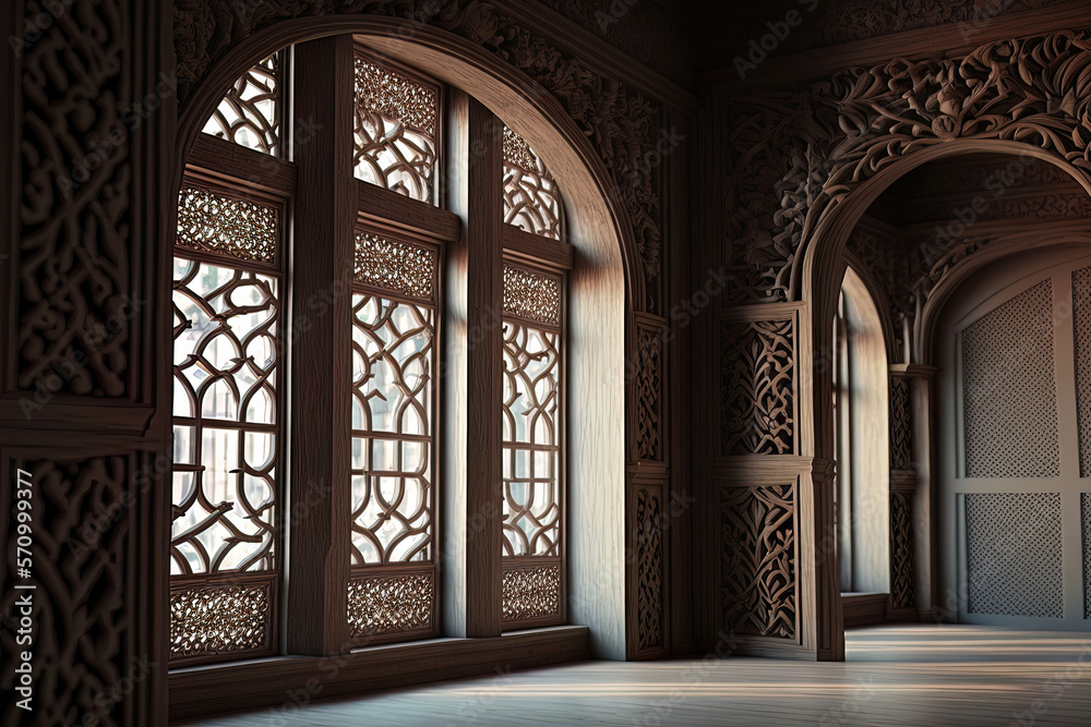 Eastern architectural window, Arabic palace interior. AI