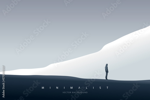 Minimal futuristic landscape. Mountain background with a lonely figure in front of the portal. Sci-Fi poster. Abstract art wallpaper for web, prints, art decoration and applications. Vector