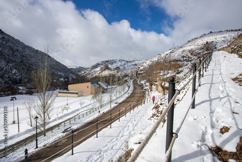 Snow covered Alcala de la Selva village in Gudar mountains Teruel Aragon Spain