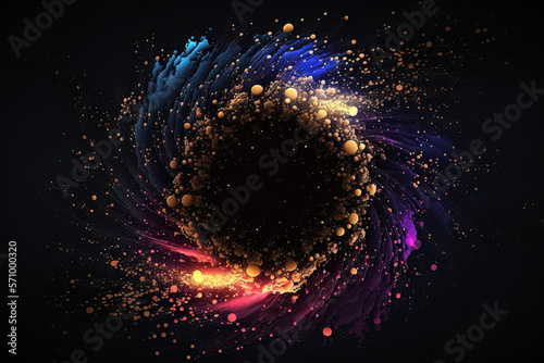 Magical neon background with bokeh and tiny particles  explosion and swirl of sparkles and confetti. Abstract dark background. AI