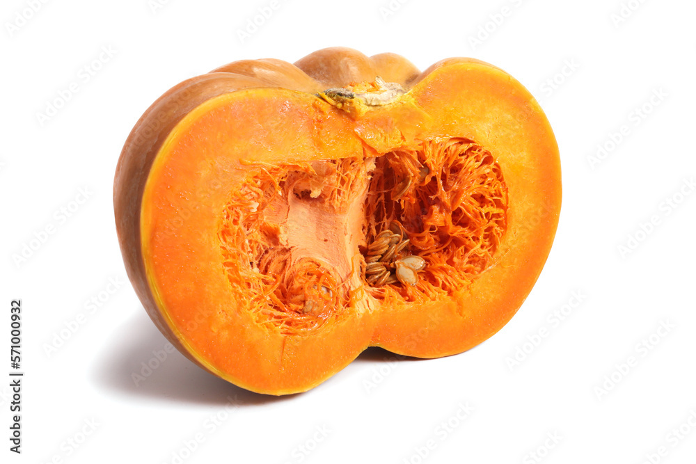 Cut in half orange ripe pumpkin isolated on white