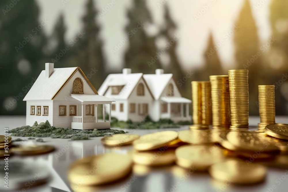 Miniature modern houses,close up, gold coins. Generative AI Miniature modern houses,close up, gold coins. Generative AI