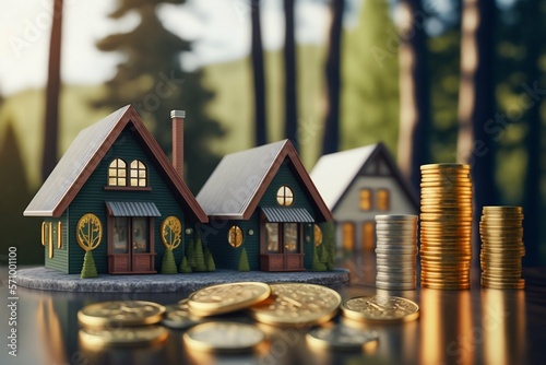 Miniature modern houses,close up, gold coins. Generative AI