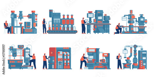 Smart factory with conveyor belt controlled by AI robots. Industry machines, equipment, high technology work at production, manufacturing process on automated assembly line. Flat vector illustration