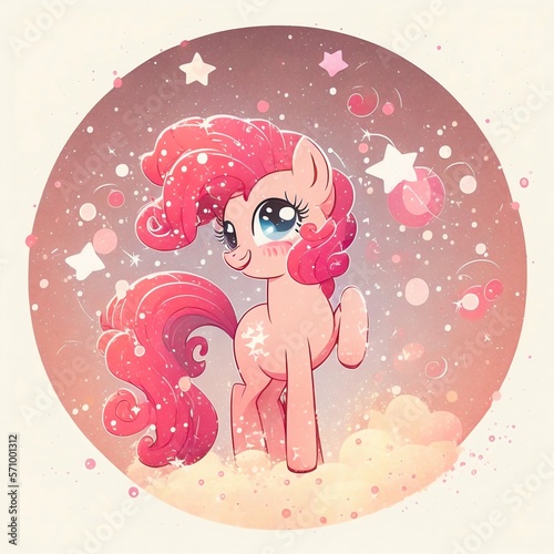My little pony pinkie pie with glitter and stars. Invitation card. Generative AI