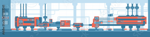 Smart factory with conveyor belt controlled by AI robots. Industry machines, equipment, high technology work at production, manufacturing process on automated assembly line. Flat vector illustration