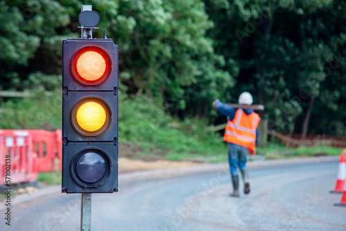 Close-up of temporary portable traffic signal  installed for road works