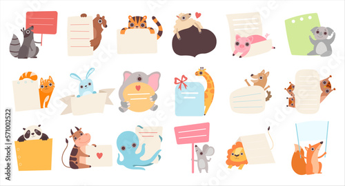 Fototapeta Naklejka Na Ścianę i Meble -  Cute adorable animals with blank banners set. Diary, memo, daily planner, to do list, notebook, cards, stickers design vector illustration