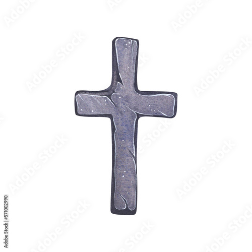 Stone cross. Religion. Hand drawn watercolor illustration isolated on white background.