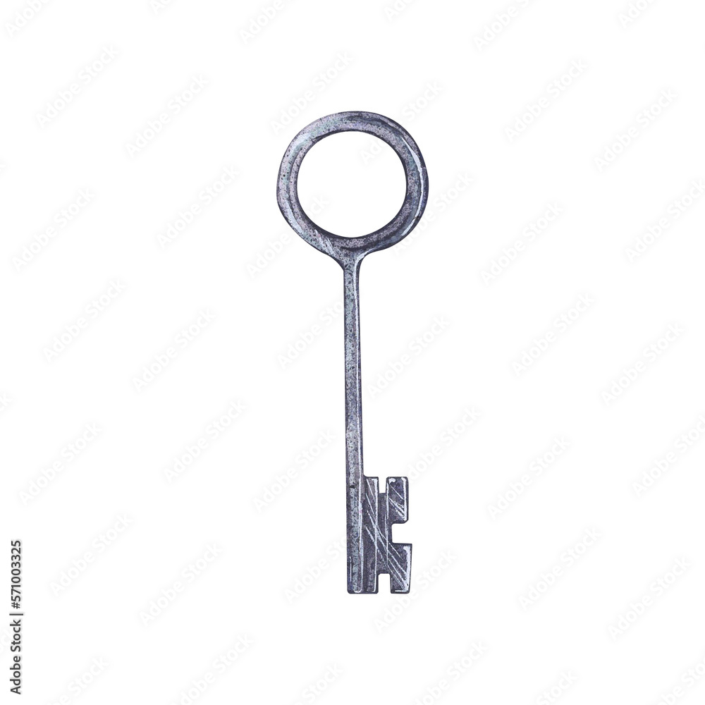Ancient key. Antiques. Hand drawn watercolor illustration on isolated white background. . Ancient key. Antiques. Hand drawn watercolor illustration on isolated white background. .