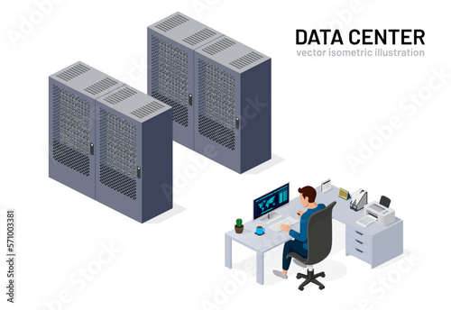 Network engineer working inside data center. Isometric vector illustration