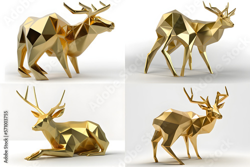 AI Generated, Animal chinese zodiac (with others) in 3D low poligon model with gold color material on the white background.