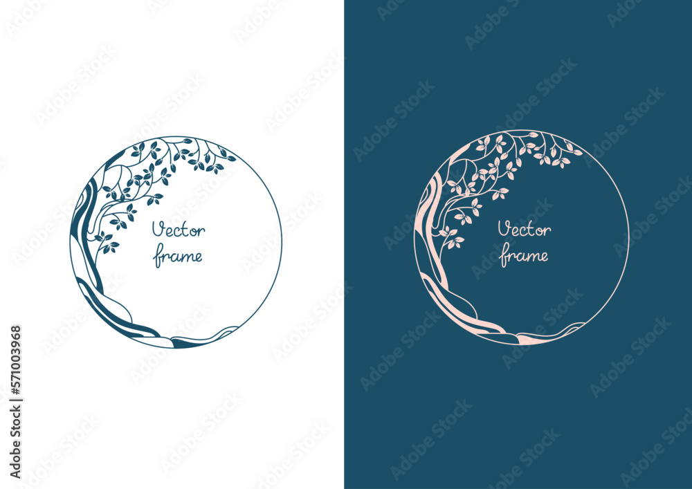 Vector background and frame template with place for text in a simple modern style made from lines and leaves. Hand drawn lines for wedding invitations or greeting cards, social media wallpapers.