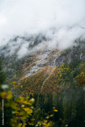 Low clouds and fog hanging on the cliff of a mountain during a rainy day in Val di Genova, Trentino Alto Adige, Northern Italy
