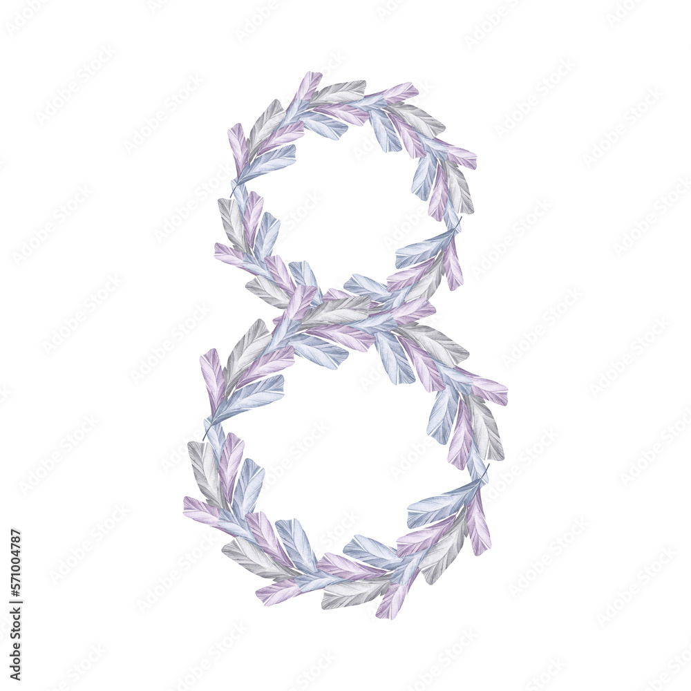 Number eight from feathers. March 8. Women's holiday. Hand drawn watercolor illustration isolated on white background. Number eight from feathers. March 8. Women's holiday. Hand drawn watercolor illustration isolated on white background.