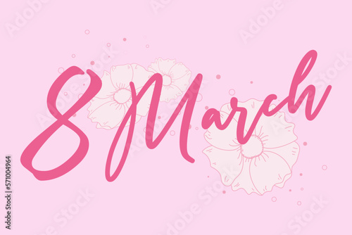 March 8 greeting card in gentle pink colors, flat hand drawn design with flowers.
