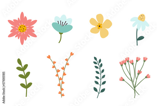 Set of spring flowers. Multicolored flowers and branches on a white background. Vector