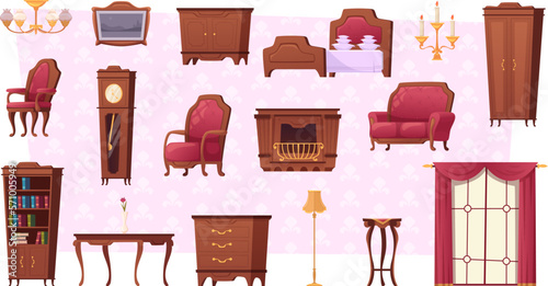 Vintage furniture. Old style collection interior tools shelves sofas armchairs and bookcases exact vector cartoon pictures set