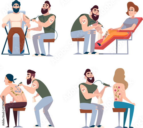 Tattoo master. Body painter making beautiful arts on human skin exact vector pictures of tattoo studio