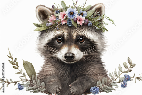 Baby raccoon with a crown of flowers watercolor, Generative AI