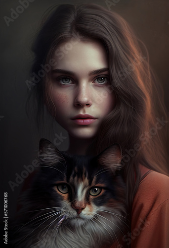 Portrait of a girl with long hair holding her cat Generative AI