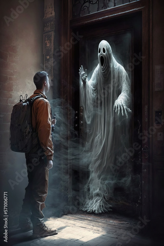 Young man with backpack confronted by a ghost in a doorway Generative AI