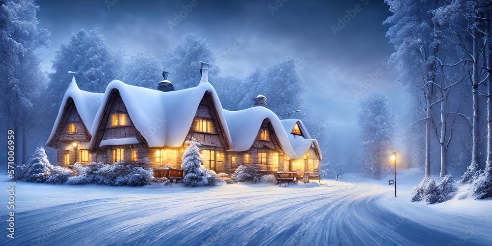 Snowy Cottage in Winter, Generative AI Illustration