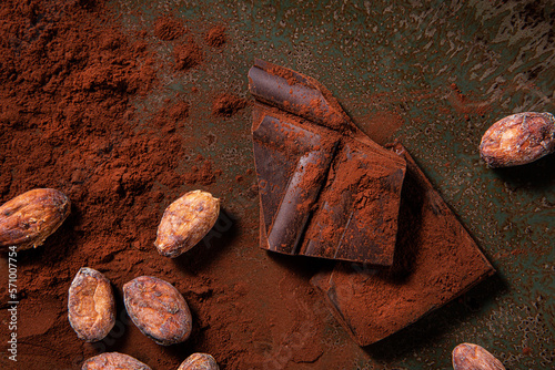 Tasy cocoa powder, beans and dark chocolate in a wooden background photo
