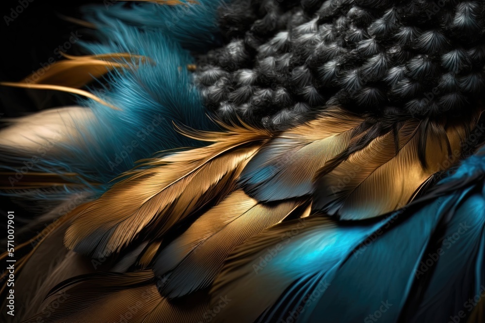 Obraz premium Soft and fluffy background, bird feathers, blue and gold feathers. Neon background. AI