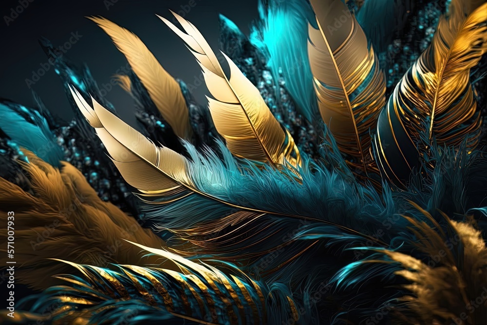 Obraz premium Soft and fluffy background, bird feathers, blue and gold feathers. Neon background. AI