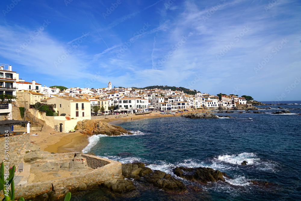 view to the beaches and coast in Calella de Palafrugell, where the historic houses rise to the sea, Costa Brava, Girona, Catalonia, Spain
