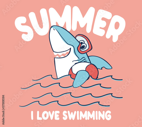 typography slogan with cartoon shark in snorkel mask illustration