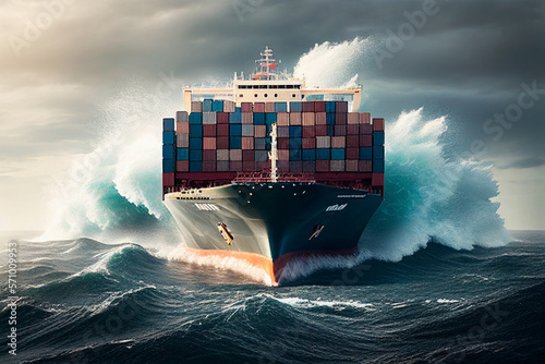 Loaded container cargo ship on route through ocean. generative AI photo