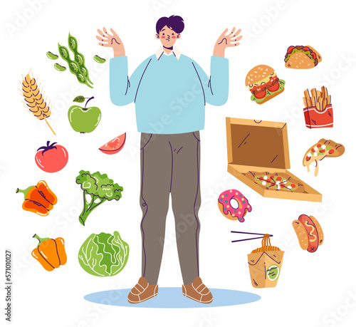Food healthy and junk unhealthy diet nutrition think choice concept. Vector graphic design illustration