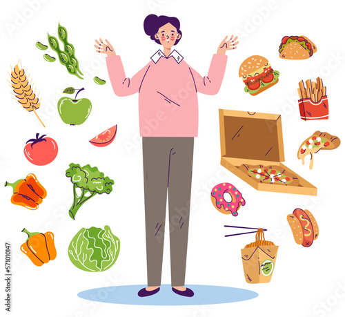 Food healthy and junk unhealthy diet nutrition think choice concept. Vector graphic design illustration