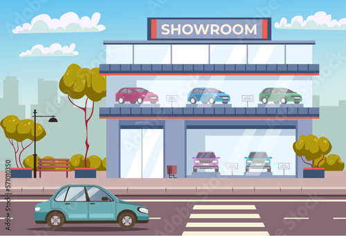 Car showroom dealership shop center store auto rental dealer concept. Vector graphic design illustration

