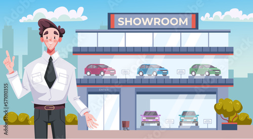 Car showroom dealership shop center store auto rental dealer concept. Vector graphic design illustration
