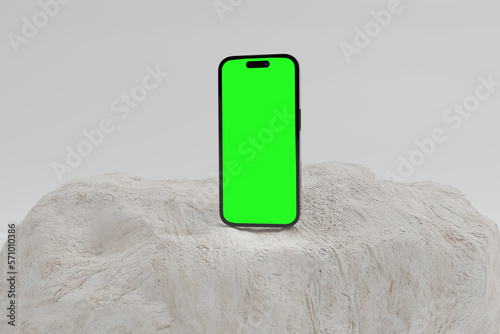 3d render illustration of apple iphone 14 pro mockup ui app display interface mobile rock stone podium stage white background isolated premium minimalist green screen design
