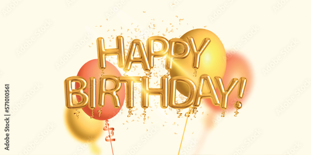 Vector realistic isolated golden balloon text of Happy Birthday and confetti for invitation poster design. Vector realistic isolated golden balloon text of Happy Birthday and confetti for invitation poster design.
