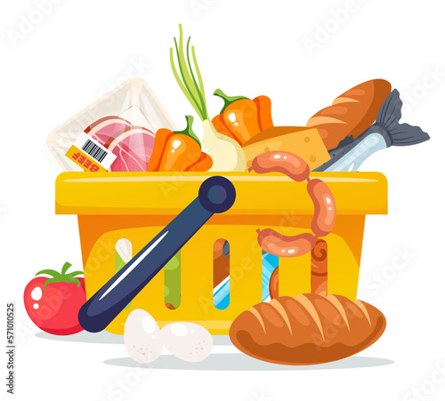 Grocery basket food shop product supermarket full cart concept. Vector graphic design illustration

