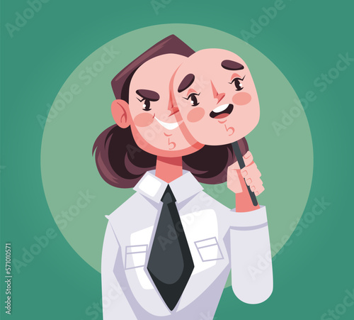 Bad man liar wear good fake mask face. Evil person concept. Vector graphic design illustration