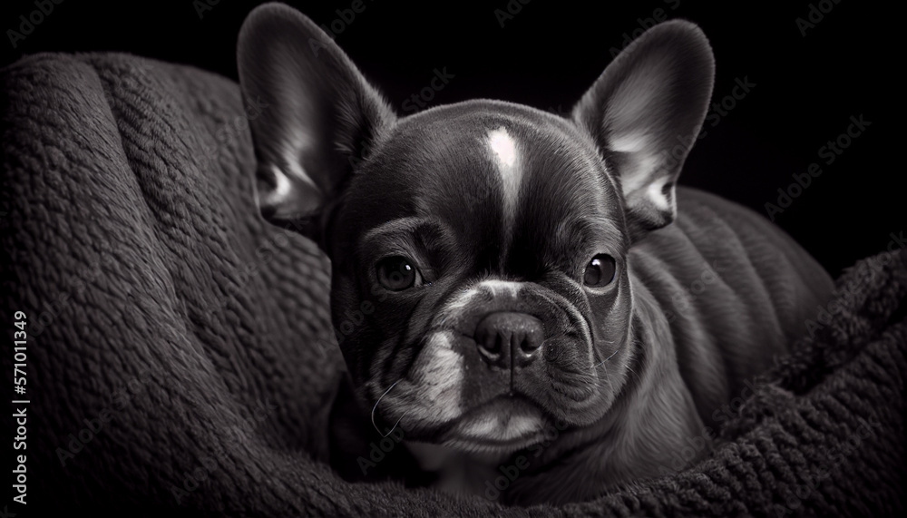Schwarz weiß Portrait von einer französische Bulldogge als Welpe. Perfektes Wandbild - Generative Ai