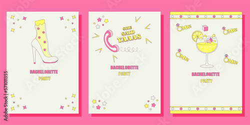 Set of Bridal shower invitation cards in retro groovy style Vintage bachelorette party invite Templates for your design	